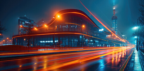 The light trails on the street with modern building background. Generative AI.