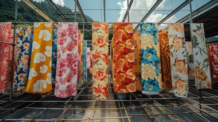 Wall Mural - A large number of colorful Asian floral fabric hanging on metal scaffolding stands in the roof top dye cloth modern workshop. Generative AI.