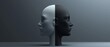 An abstract 3D human head, one half shrouded in darkness, the other in light, representing the contrasting states of mind in depression and mood disorders