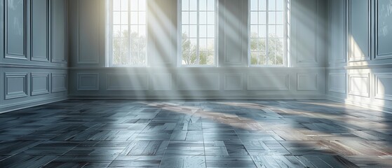 Fototapete - White empty room with dark laminate wood floor, classic interior style. Blank space architecture in the sunlight.