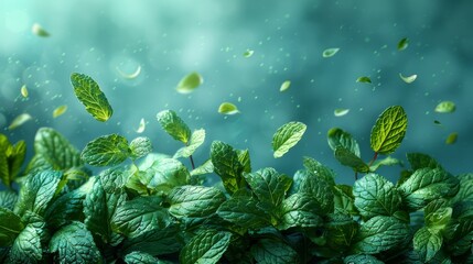 Aufkleber - Air flow from mint leaves. Modern illustration of air fresheners or cleaners. Light fresh effect on blue background. Element for fresheners, cleaners, giving menthol aroma.