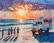 Watercolor ice cream truck parked by a beach at sunset with kids lining up