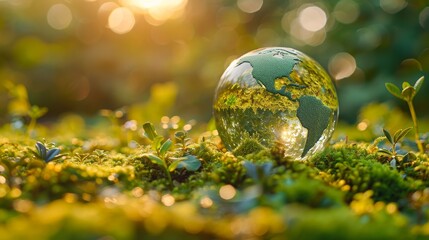 Poster - World sustainable environment concept with crystal globe putting on moss, ESG icon.