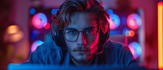 Leinwandbilder - An individual is working on a laptop in the dark with neon lights. This may be a computer hacker or video game player or programmer with glasses and a headset at the laptop. This is computer