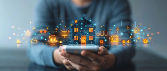 Aufkleber - Concept of smart home controlled by mobile phone. Home appliances icons viewed on smartphone, connected to smart home system. IOT system of smart home controlled by phone.