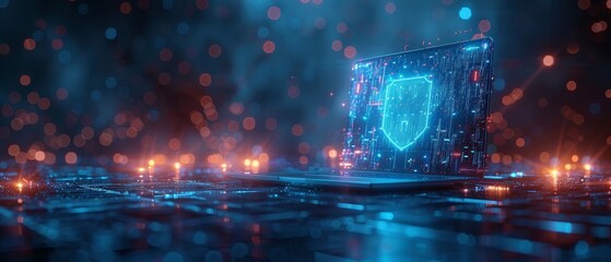 Poster -  illustration of abstract laptop with futuristic blue guard shield. Concept of protection, cyber security, and insurance. Blue geometric background with wireframe light connection structure.