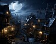 Night scene of a village in the moonlight. 3d rendering