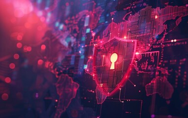 Wall Mural - illustration of a world map with a shield featuring a keyhole, representing cyber security technolog