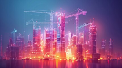 Poster - 3d working tower cranes in the city at a construction site isolated on a white background. Abstract polygonal construction concept.  sketch illustration.
