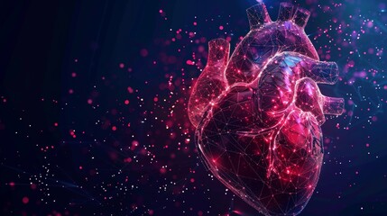 Poster - Isolated  heart with pain center. Wireframe and points. Polygonal 3D white human organ on dark background. Medicine concept with geometry triangles. Abstract heart pain origami.
