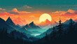 Scenic Sunrise Over Mountain Peaks: Flat Vector Landscape Illustration