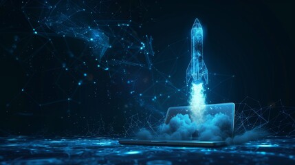 Leinwandbilder - In a low poly style design, an abstract rocket is launched from a laptop. Blue geometric wallpaper. Wireframe light connections. Modern 3D graphic. Isolated  illustration.