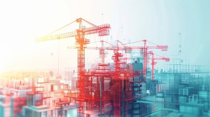 Poster - 3D model of working tower cranes on construction site isolated on white background.  sketch illustration of abstract polygonal construction concept.