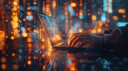 Focused hands type on a laptop keyboard against a backdrop of abstract digital binary code..