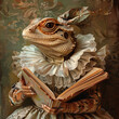 Renaissance agama in ruffles, medieval attire, with old folios, captured in vintage painting essence, AR 916, stylize 750, 8k resolution, exquisite detail