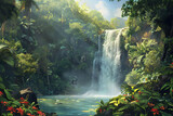 Fototapeta  - Waterfall in the forest - Enchanting hidden waterfall in a lush tropical jungle - Generated By AI