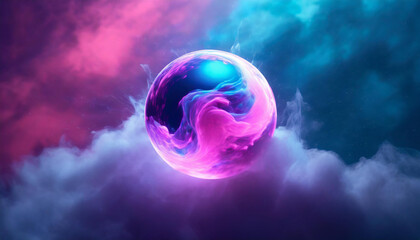 Abstract round energy sphere with moving liquid against dark neon purple blue clouds. Magical ball