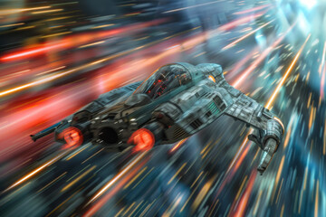 A spaceship travelling through hyperspace in a cinematic style