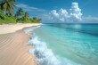 Sunny sandy beach in the Maldives. Tropical vacation concept. Design for cover, interior design, poster, travel brochure, blog, advertisement