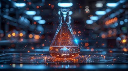 Fototapete - Digital laboratory flask. Glowing polygonal 3D modern illustration of a chemistry science concept. Abstract test tube and atom model with light blue low poly futuristic technology style.