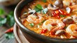 Close-up of a spicy Tom Yum soup with shrimp mushrooms