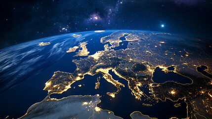 Wall Mural - Europe at night viewed from space with city lights showing human activity in Germany, France, Spain, Italy and other countries, 3d rendering of planet Earth.