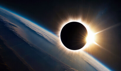 Wall Mural - solar eclipse view from space near earth horizon. mysterious natural phenomenon when moon passes bet