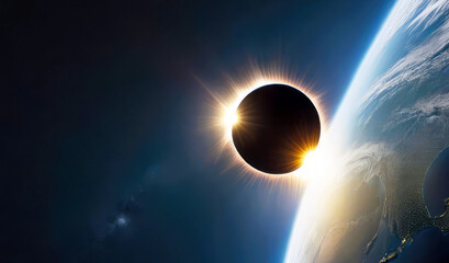 Wall Mural - solar eclipse view from space near earth horizon. mysterious natural phenomenon when moon passes bet