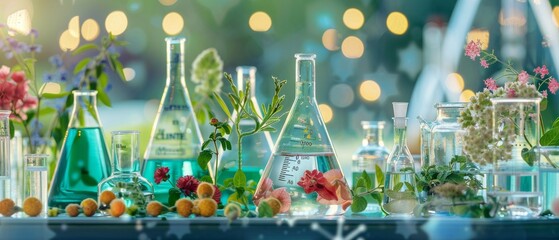 Sticker - In a biology laboratory, plants with biochemistry structures and chemical formulas are shown on a green background.