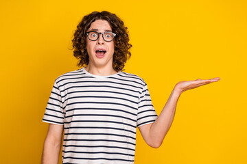 Sticker - Photo portrait of handsome teenager guy shocked hand hold empty space dressed stylish striped garment isolated on yellow color background