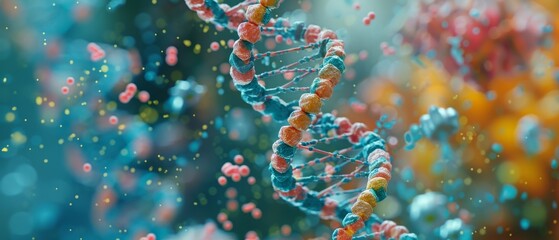 Poster - Anatomy of an DNA molecule. Chromosome DNA genetic biotechnology in human genome cells. Science laboratory experiments and genetic engineering research.