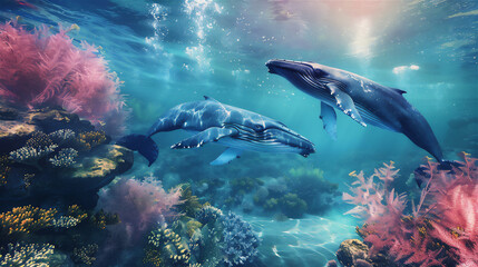 Poster - Blue whales are swimming in the clear and beautiful sea, coral rocks and beautiful sea plants