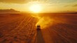 A truck traveling through a vast desert at sunset  AI generated illustration