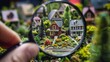 © ArtStage - Admiring the detailed landscaping of tiny model homes through a magnifying glass  AI generated illustration