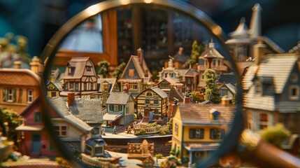 Wall Mural - Admiring the intricate design of tiny model homes through a magnifying glass  AI generated illustration