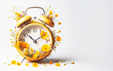 A yellow alarm clock with a dial decorated with summer wildflowers. creative photography