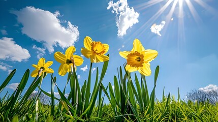 Sticker - Sunny Day with Bright Yellow Daffodils in Full Bloom Against Clear Blue Sky. Nature's Beauty Captured in Spring. Ideal for Backgrounds and Wallpapers. AI