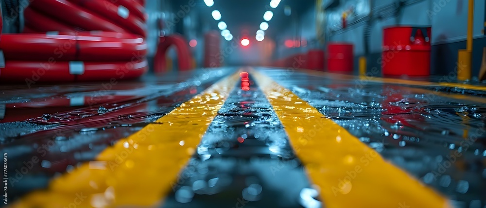 Chemical spill barrier tape marking safety zones for cleanup procedures ...
