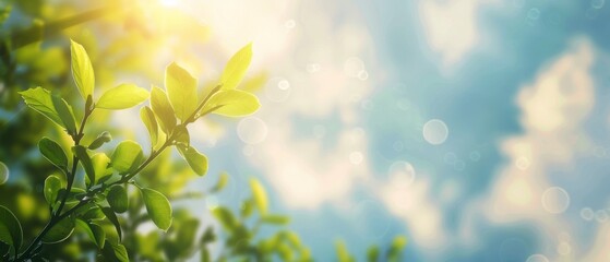 Aufkleber - The concept for World Environment Day is a gorgeous blurred image of green nature with a blue sky and white clouds on a blue background.