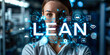 Business professional presenting concept of Lean methodology, focused on maximizing efficiency by identifying and eliminating waste in processes, holographic projection displaying the word LEAN