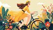 Vintage style woman riding a bicycle background 2d