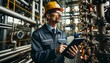 © Tatiana - A middle-aged technical engineer in an assembly helmet with a tablet in his hands controls the operation of the pressure system in valves, pipes and sediments at an oil refinery