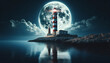 A serene nocturnal scene featuring a lighthouse. The lighthouse is tall with alternating bands of red and white