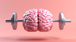 Top view of pink rasin human Brain, lifting dumpbell on pink background. Brain work out/excercise Concept.