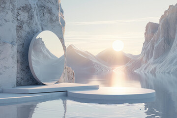 Wall Mural - white minimalist round stage in water, mountains and ice background