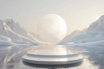 Wall Mural - white minimalist round stage in water, mountains and ice background