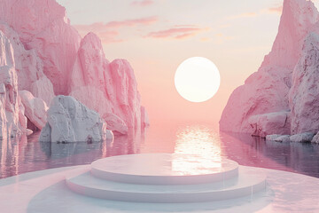 Wall Mural - pink minimalist round stage in water