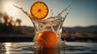 Close-up of fresh oranges dropped in water with splashes isolated on a black background. Generative AI