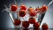Tomatoes under the spray of water are on a black surface.Ai generative