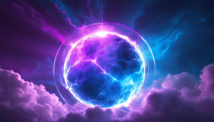 Wall Mural - abstract magical round energy sphere. glowing ball. neon blue and pink clouds on backdrop.